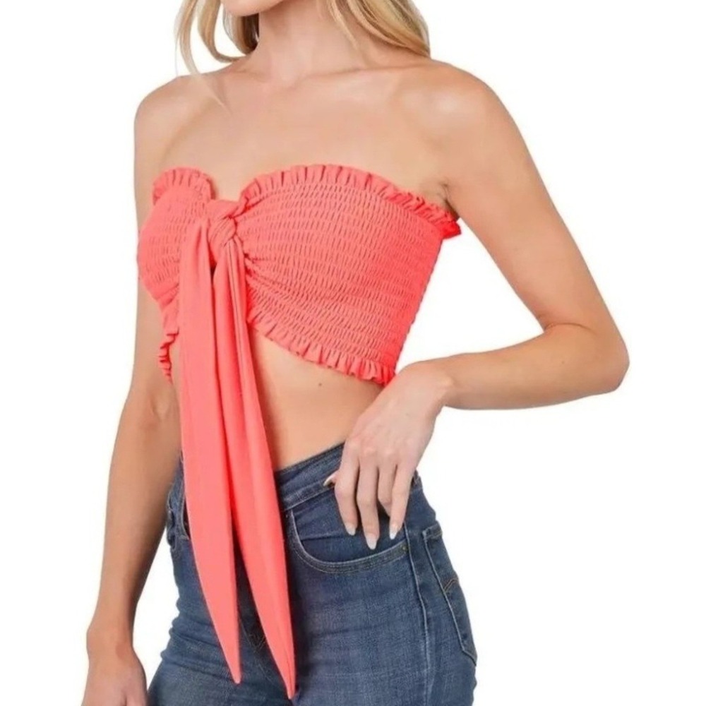 New Zenana Deep Coral Smocked Tube Top Strapless Crop Shirt Smocked Plus Size 3X